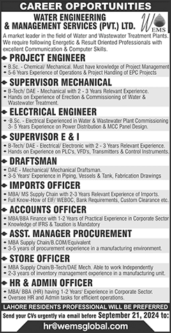 Water Engineering and Management Services Pvt Ltd Lahore Jobs 2024 September Electrical Engineers & Others WEMS Latest