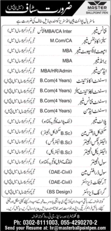 Master Ballpoint Pen Industries Gujranwala Jobs 2024 October Admin Assistant, Civil Engineer & Others Latest