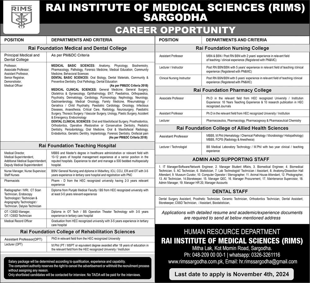 Rai Institute of Medical Sciences Sargodha Jobs October 2024 Teaching Faculty & Others RIMS Latest