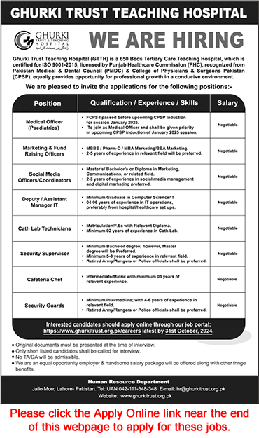 Ghurki Trust Teaching Hospital Lahore Jobs 2024 October Apply Online Lab Technician, Security Guards & Others Latest