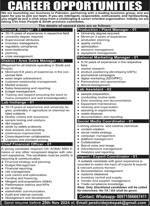 Pesticide Company Jobs in Pakistan November 2024 Punjab Sindh Latest