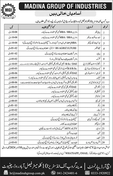 Madina Group of Industries Chiniot / Faisalabad Jobs November 2024 MGI Latest