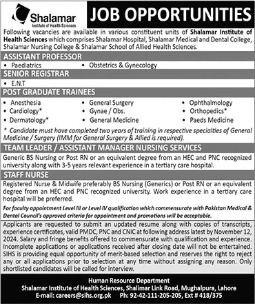 Shalamar Institute of Health Sciences Lahore Jobs November 2024 SIHS Latest