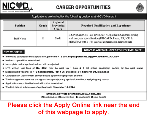 Staff Nurse Jobs in NICVD Karachi November 2024 NTS Online Apply Latest