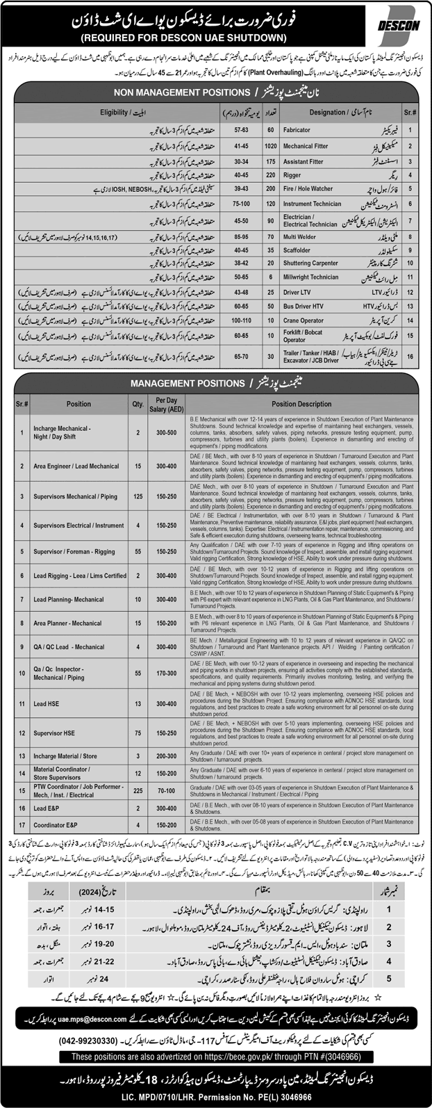 DESCON Engineering UAE Shutdown Jobs November 2024 Fitters, Riggers & Others for Pakistanis Latest