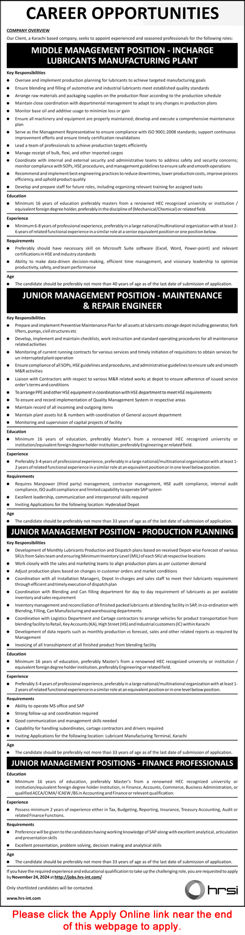 HRSI Pakistan Jobs November 2024 Karachi Apply Online Maintenance / Repair Engineers & Others Latest