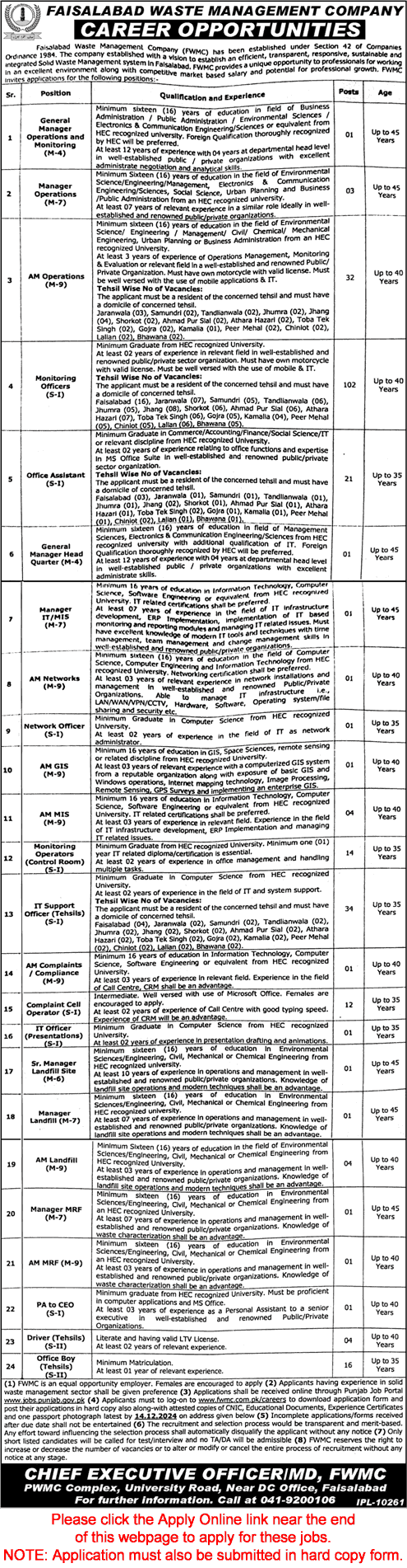 Faisalabad Waste Management Company Jobs November 2024 December Apply Online Monitoring Officers & Others FWMC Latest