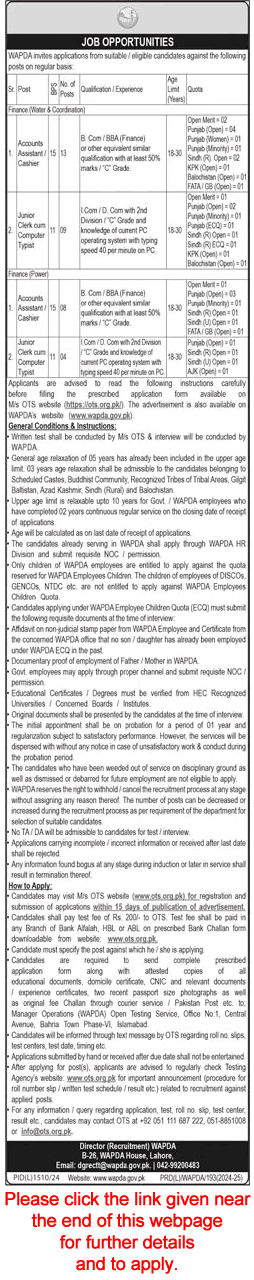 WAPDA Jobs December 2024 OTS Apply Online Accounts Assistants / Cashiers & Clerks Latest