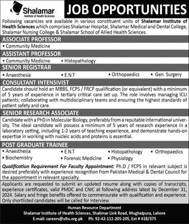 Shalamar Institute of Health Sciences Lahore Jobs December 2024 / 2025 Teaching Faculty & Others Latest