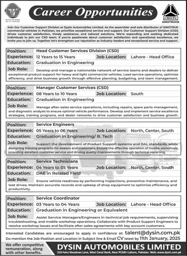 Dysin Automobiles Limited Lahore Jobs 2025 Service Engineers, Technicians & Others Latest