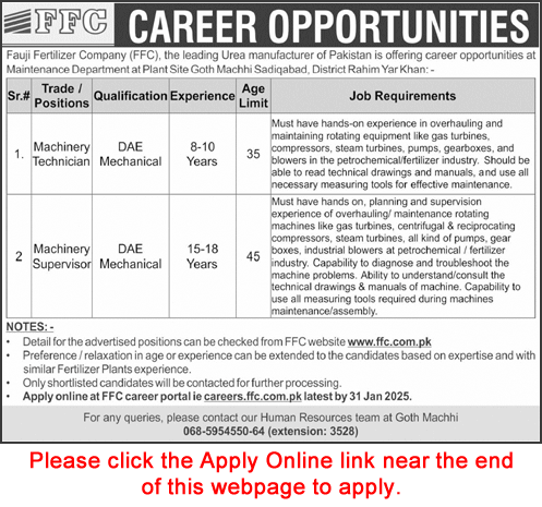 FFC Jobs 2025 Apply Online Machinery Technician / Supervisor Fauji Fertilizer Company Latest