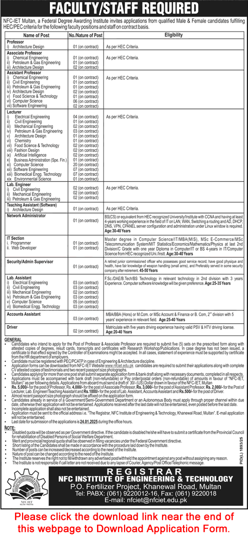 NFC IET Multan Jobs 2025 Application Form Teaching Faculty, Lab Engineers & Others Latest