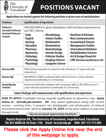 University of Faisalabad Jobs 2025 Apply Online Teaching Faculty & Others Latest