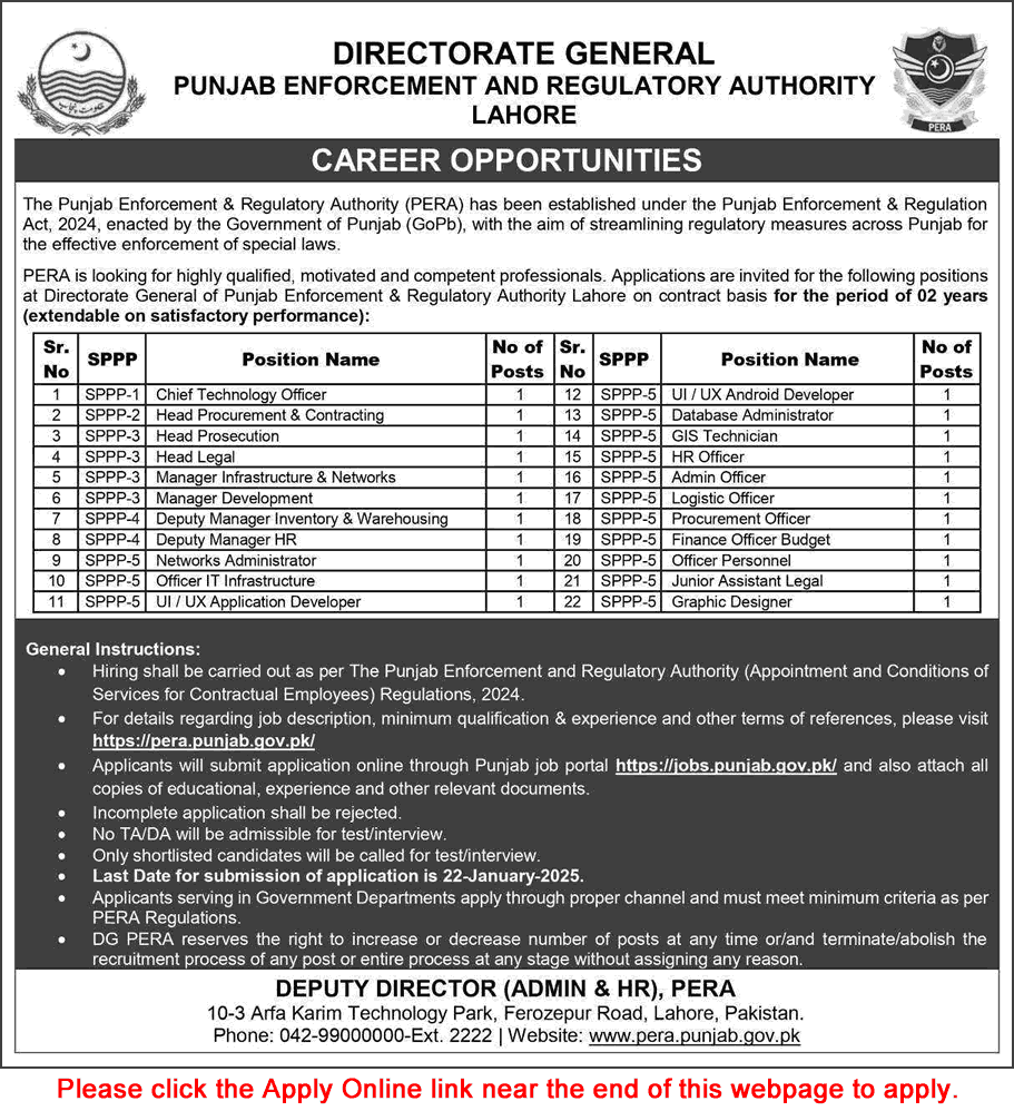 Punjab Enforcement and Regulatory Authority Lahore Jobs 2025 Apply Online PERA Latest