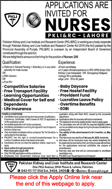 PKLI Nurses Jobs 2025 Lahore Apply Online Latest Advertisement