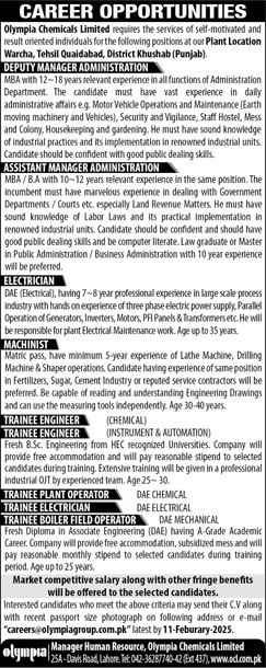 Olympia Chemicals Khushab Jobs 2025 Trainee Engineers, Plant Operators & Others OCL Latest