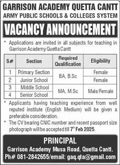 Teaching Jobs in Garrison Academy Quetta Cantt 2025 APS&C Latest