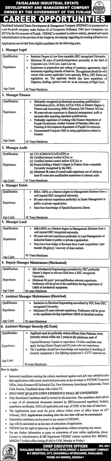 FIEDMC Jobs 2025 February Faisalabad Industrial Estate Development and Management Company Latest