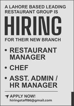 Restaurant Jobs in Lahore 2025 February Chef, Restaurant Manager & Admin / HR Manager Latest