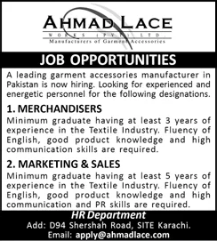 Ahmad Lace Works Pvt Ltd Karachi Jobs 2025 February Merchandisers, Marketing & Sales Officers Latest