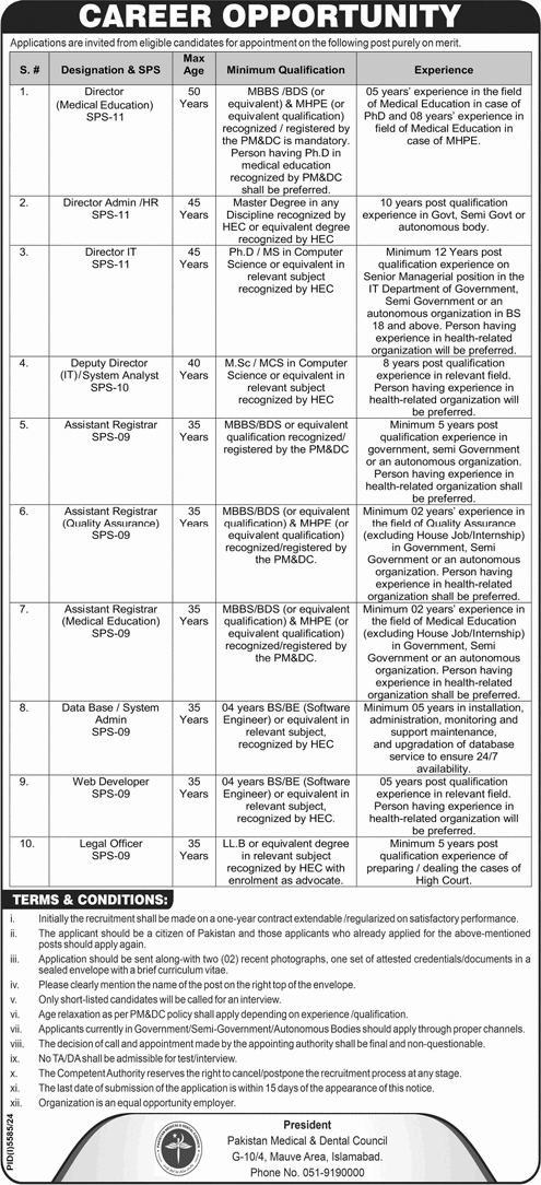 Pakistan Medical and Dental Council Jobs 2025 February Web Developer, Legal Officer & Others PMDC Latest