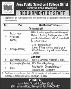 Army Public School and College Rawalpindi Jobs 2025 February Teachers & Others Latest