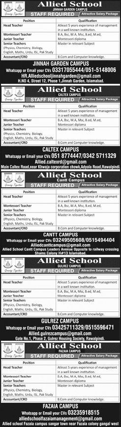 Allied Schools Islamabad / Rawalpindi Jobs 2025 February Teachers & Others Latest