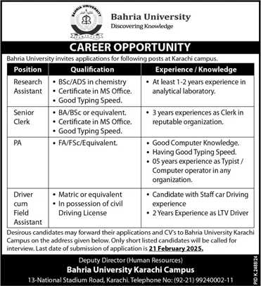 Bahria University Karachi Campus Jobs 2025 February Clerks, Driver & Others Latest