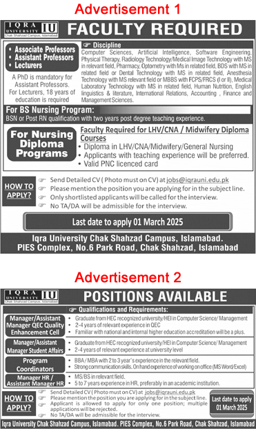 Iqra University Islamabad Jobs 2025 February Teaching Faculty & Others Latest