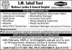 Medicare Cardiac & General Hospital Karachi Jobs 2025 February SM Sohail Trust Latest