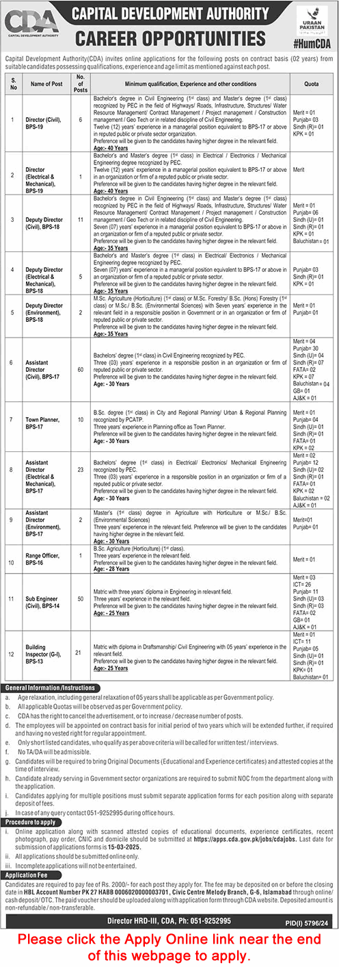 CDA Jobs February 2025 Apply Online Civil / Sub Engineers, Assistant Directors & Others Capital Development Authority Latest