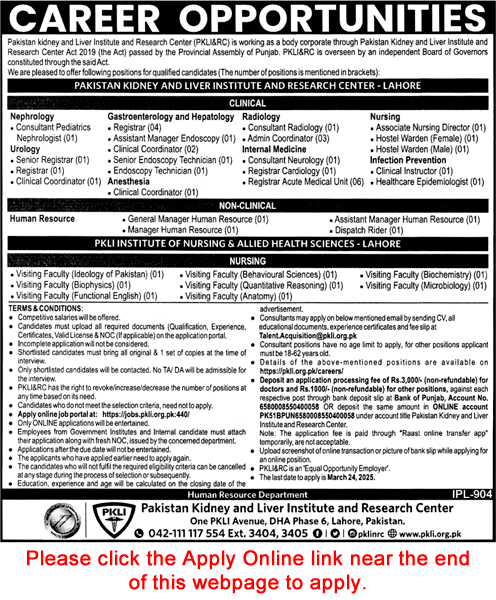 PKLI Lahore Jobs March 2025 Apply Online Pakistan Kidney and Liver Institute and Research Center Latest