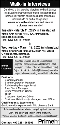 Microfinance Bank Jobs in Pakistan 2025 March Prime Hr Customer Services Officers, Tellers & Others Walk in Interviews Latest