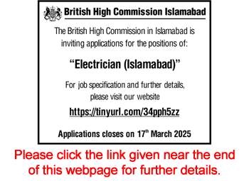 Electrician Jobs in British High Commission Islamabad 2025 March Apply Online Latest