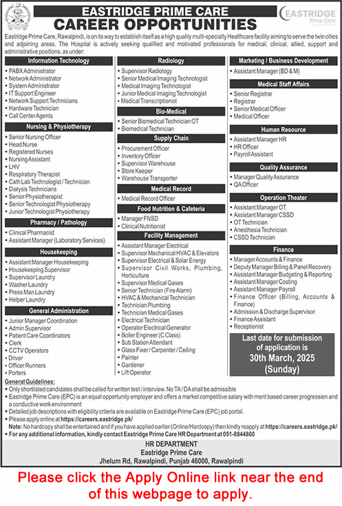 Eastridge Prime Care Rawalpindi Jobs 2025 March Apply Online Nurses, Medical Technicians & Others Latest