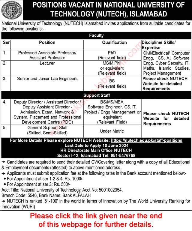 National University of Technology Islamabad Jobs May 2024 Teaching Faculty, Lab Engineers & Others Latest