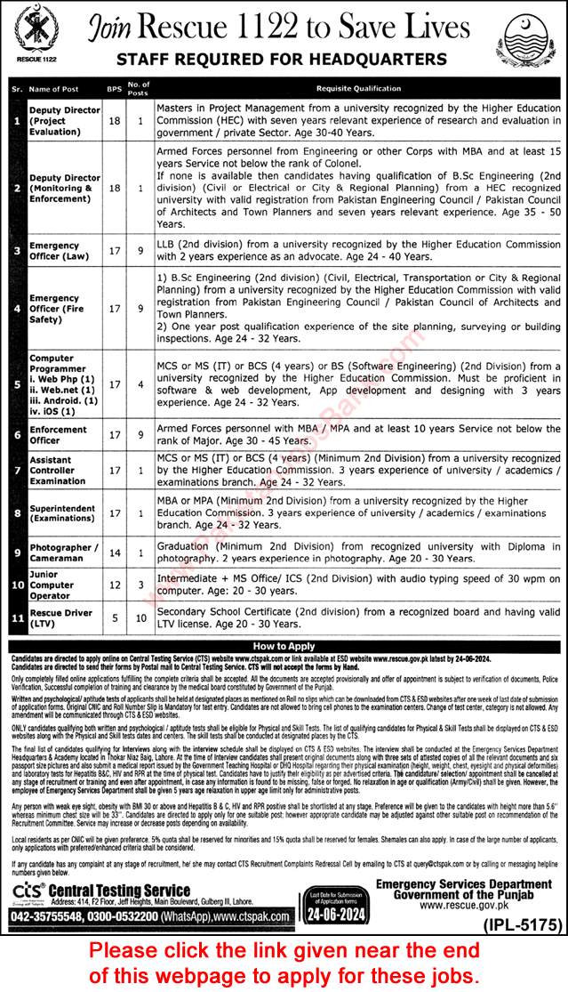 Punjab Rescue 1122 Jobs 2024 June Emergency Service CTS Apply Online Emergency Officers, Drivers & Others Latest