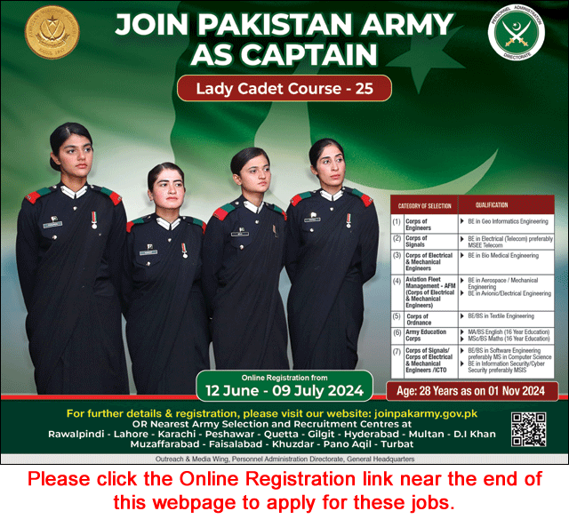 Join Pakistan Army as Captain June 2024 through Lady Cadet Course Online Registration Latest