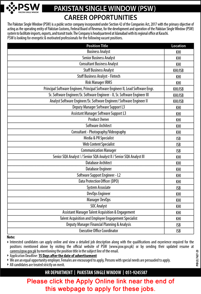 Pakistan Single Window Jobs June 2024 PSW Karachi / Islamabad Apply Online Latest