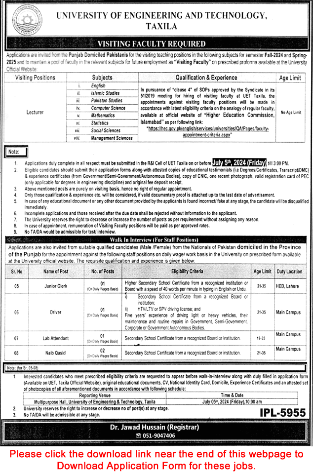 UET Taxila Jobs June 2024 Application Form Lecturers & Others University of Engineering and Technology Latest