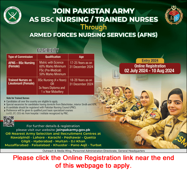 Join Pakistan Army as AFNS June 2024 July Online Registration Armed Forces Nursing Service Latest