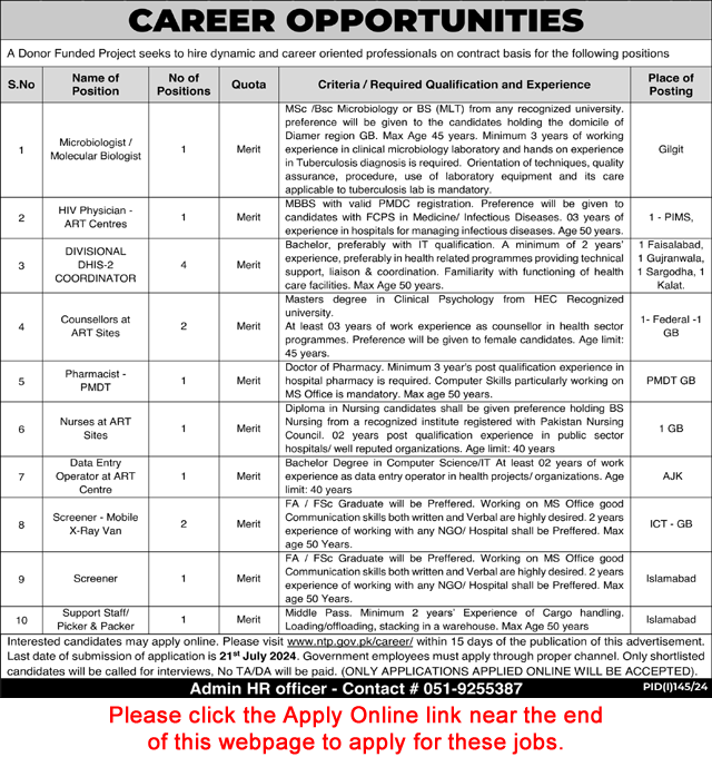 National TB Control Program Jobs July 2024 NTP Apply Online Divisional Coordinators, Counsellors & Others Latest