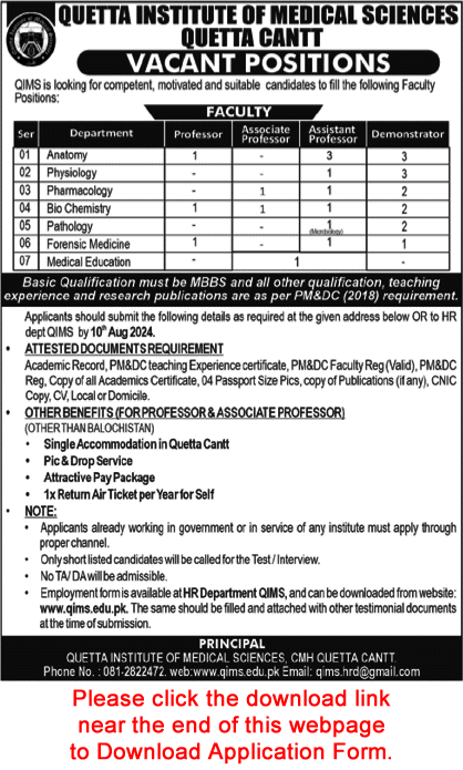 Quetta Institute of Medical Sciences Jobs 2024 July Application Form Teaching Faculty QIMS Latest