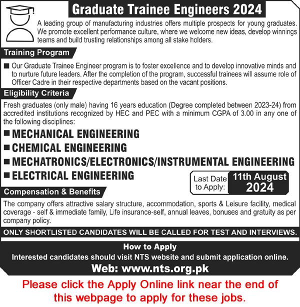 Graduate Trainee Engineers Program 2024 July / August NTS Apply Online Manufacturing Industry Latest