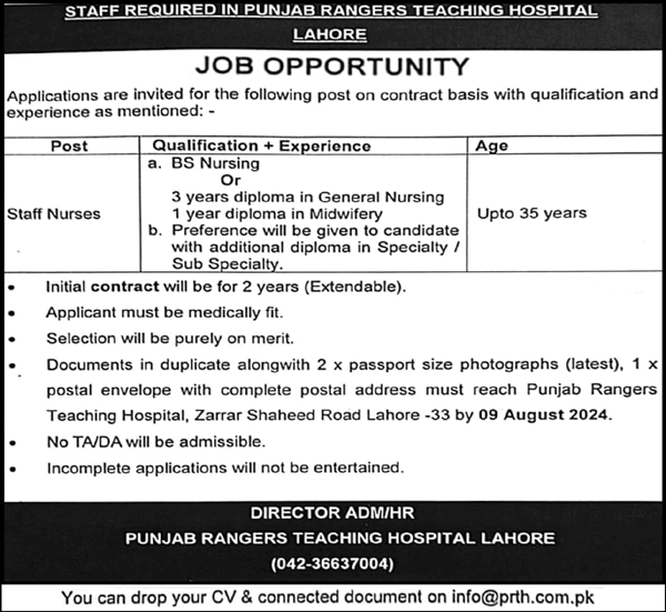 Staff Nurse Jobs in Punjab Rangers Teaching Hospital Lahore 2024 July / August Latest