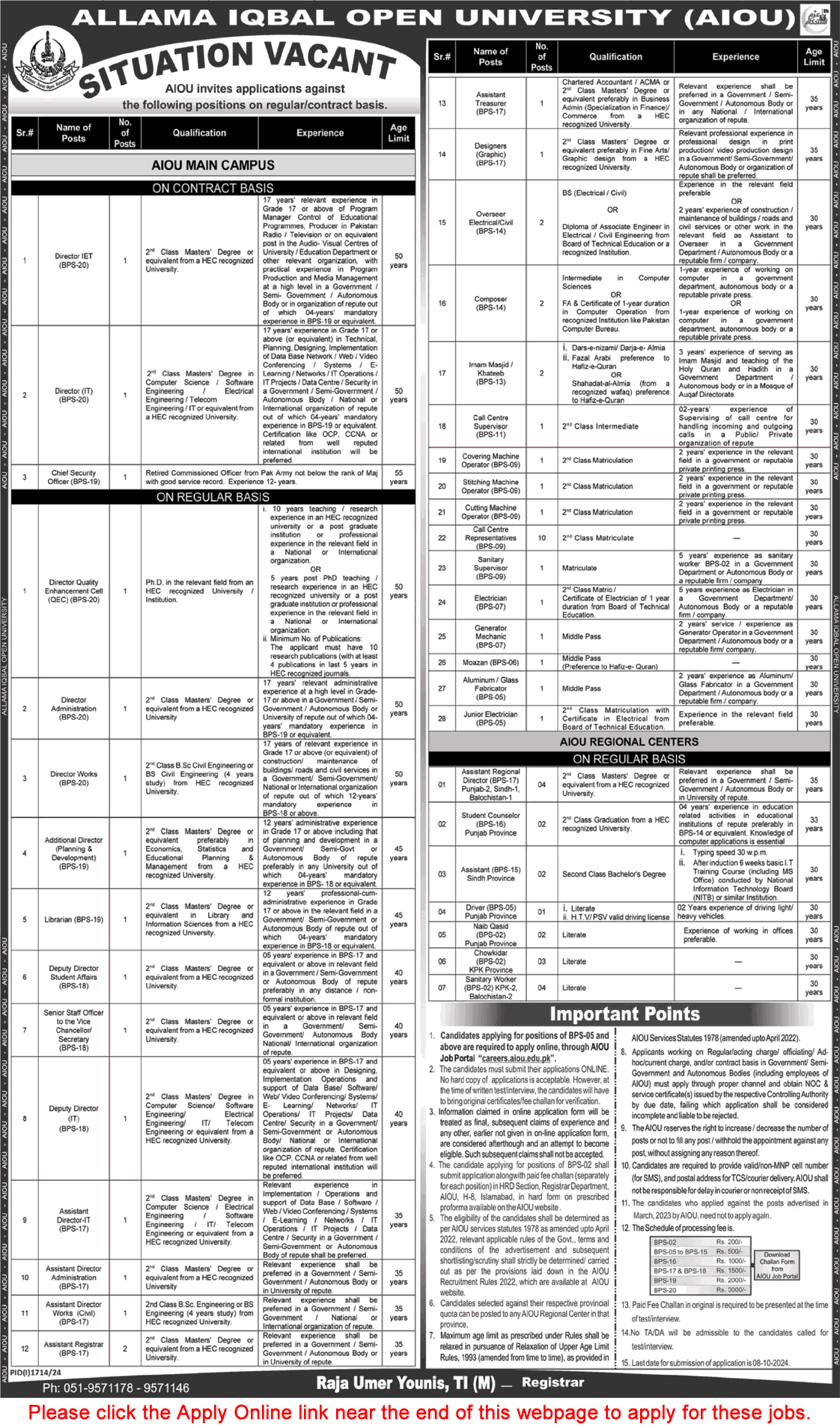 AIOU Jobs 2024 September Apply Online Allama Iqbal Open University Latest Advertisement