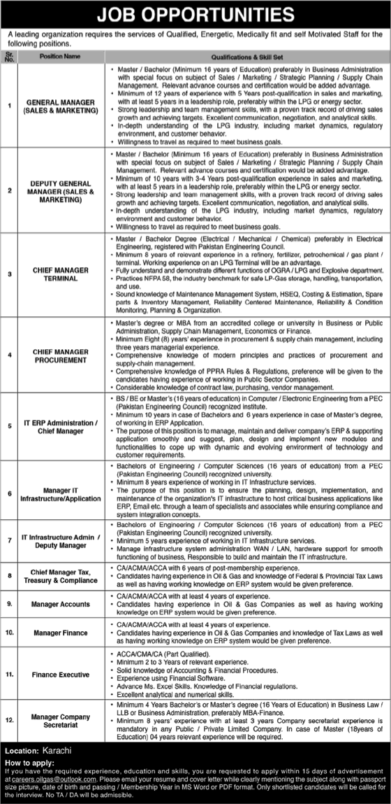 Oil and Gas Jobs in Karachi September 2024 IT / Finance / Accounts Managers & Others Latest