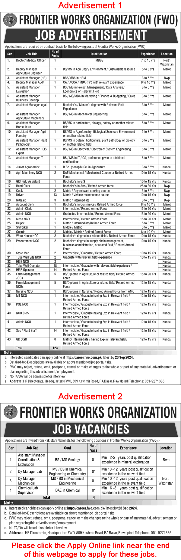 FWO Jobs September 2024 Apply Online Tubewell Operators, Drivers & Others Frontier Works Organization Latest