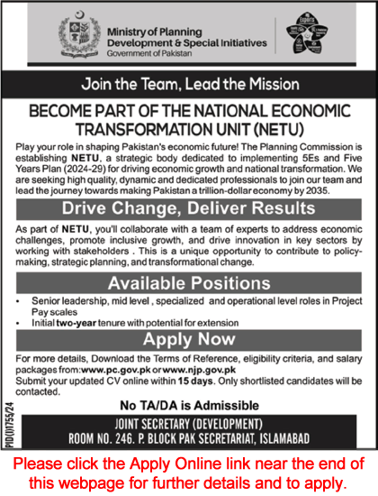 Ministry of Planning Development and Special Initiatives Jobs September 2024 Apply Online NETU Latest