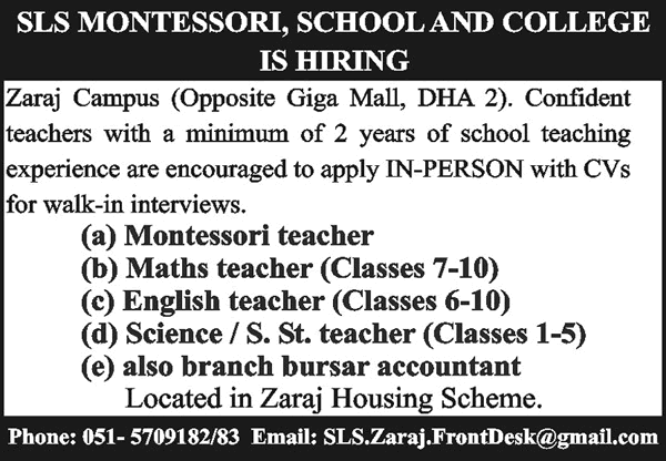 SLS Montessori School and College Zaraj Campus Rawalpindi Jobs 2024 September Teachers & Others Walk in Interviews Latest